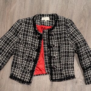 Black & White Tweed Girls' Jacket with Red Lining